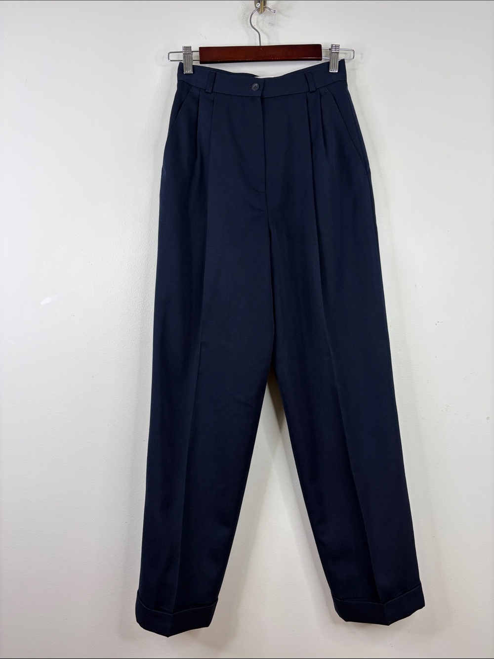 Vintage Laura Ashley Pants Womens 4 6 Navy Blue Wool Pleated Cuffed Trousers